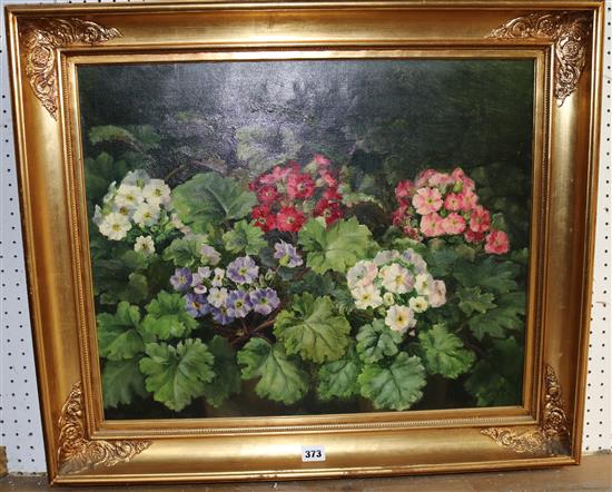 A* K*, oil on canvas, Still life of geraniums(-)